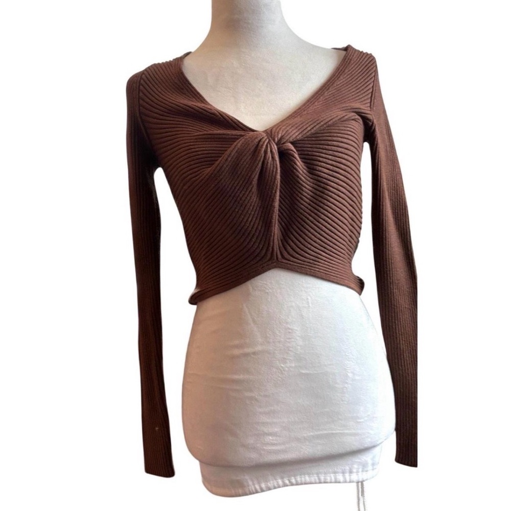 Abercrombie & Fitch Brown Twist Knot Ribbed Long-Sleeve Cropped Sweater